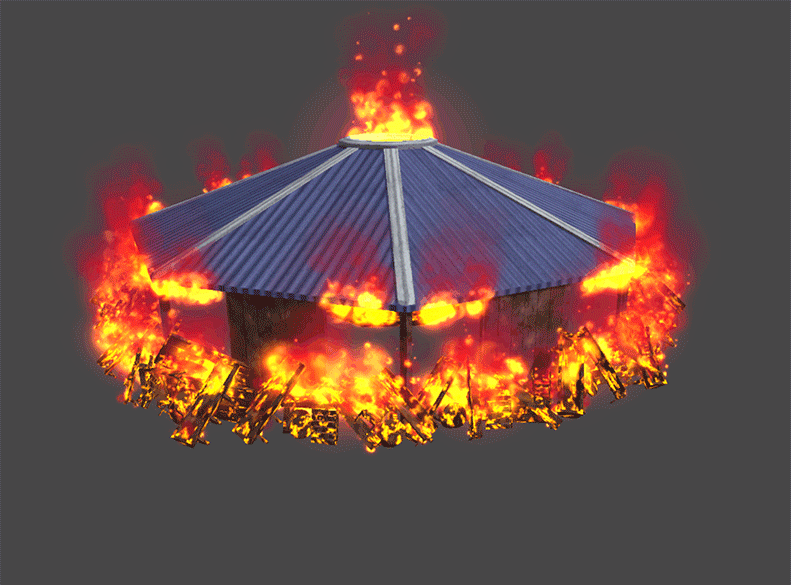 Church In the Darkness - Pavilion Fire<br>Created Prefabs of different buildings on fire<br>This ended up going unused in the final game